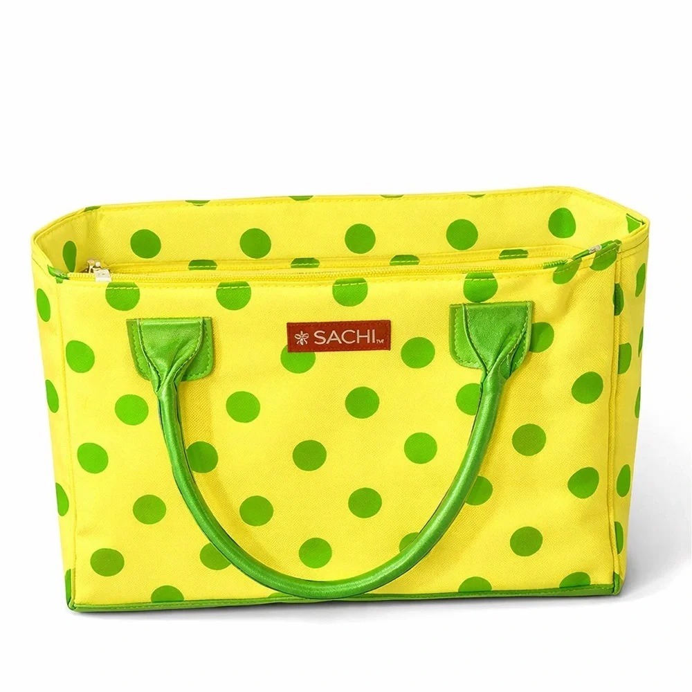 SACHI Lime Green Polka Dot and Yellow Insulated Tote Bag